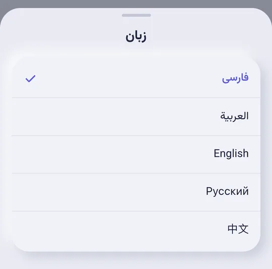 انتخاب زبان در مینیاپ: فارسی، عربی، انگلیسی، روسی و چینی
